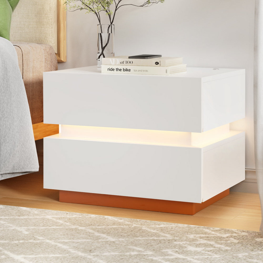 Smart LED Bedside Table with Wireless Charging & Storage Drawers - White