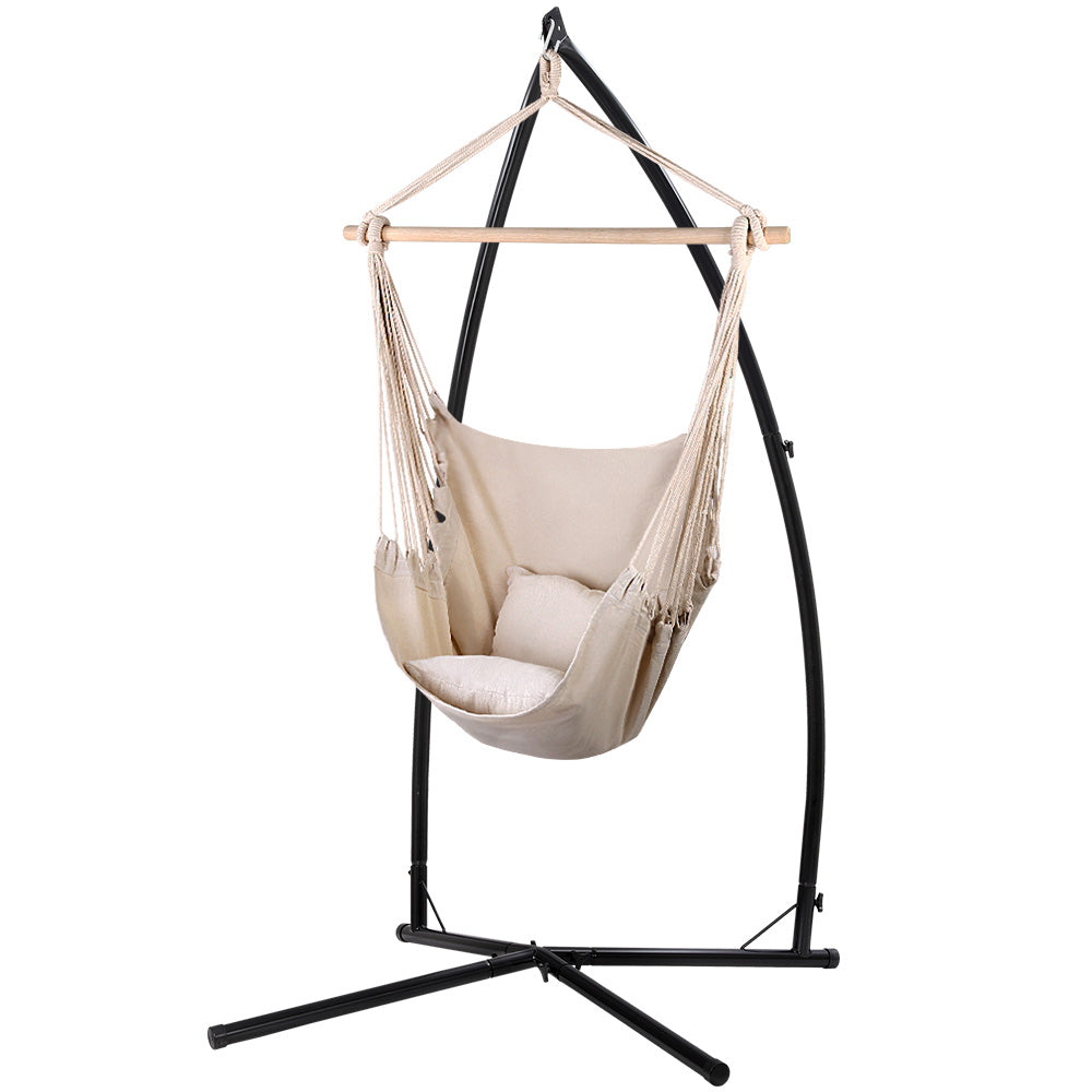 Outdoor Hammock Chair with Steel Stand Hanging Hammock with Pillow Cream