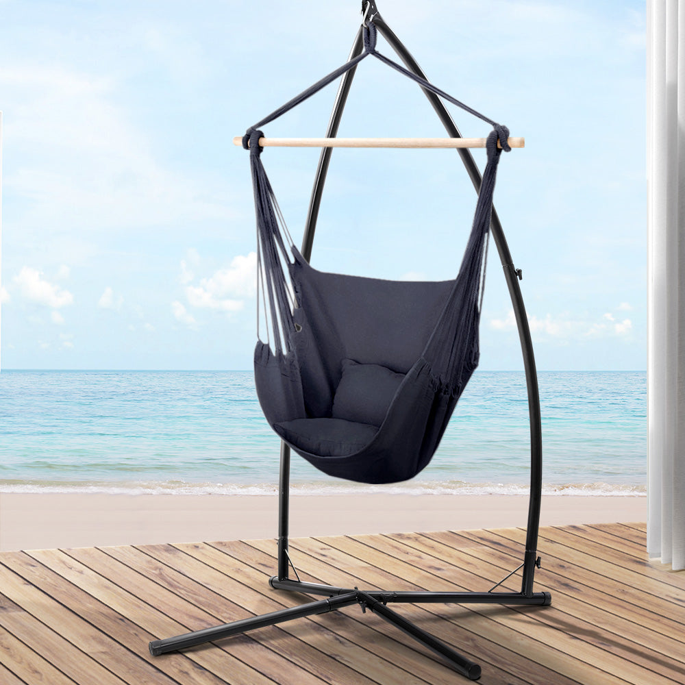 Outdoor Hammock Chair with Steel Stand Hanging Hammock with Pillow Grey