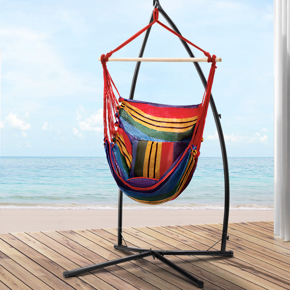 Outdoor Hammock Chair with Steel Stand Hanging Hammock Pillow Rainbow