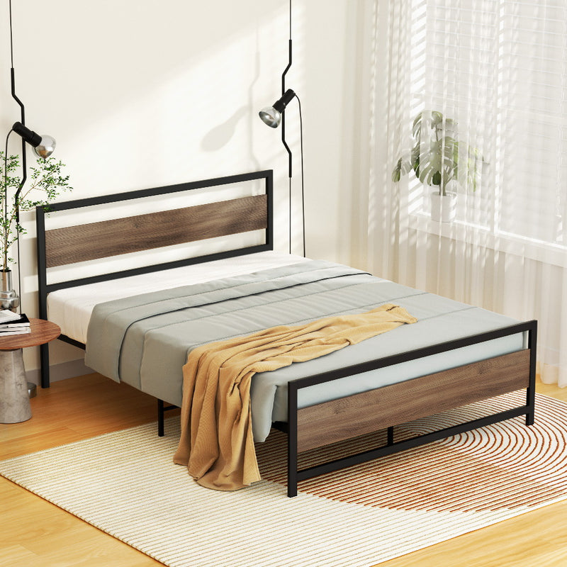 Industrial Style Double Metal Bed Frame Wood & Black