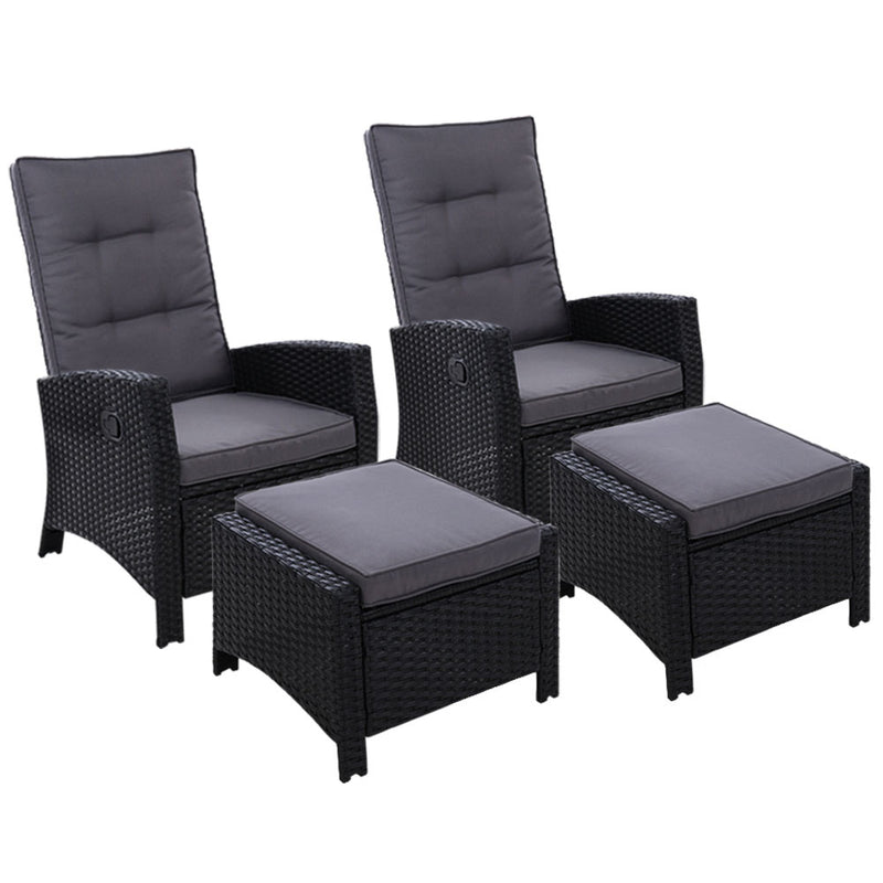Set of 2 Elise Outdoor Recliner Chairs with Ottomans Black