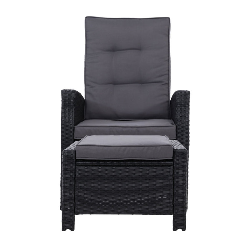 Set of 2 Elise Outdoor Recliner Chairs with Ottomans Black