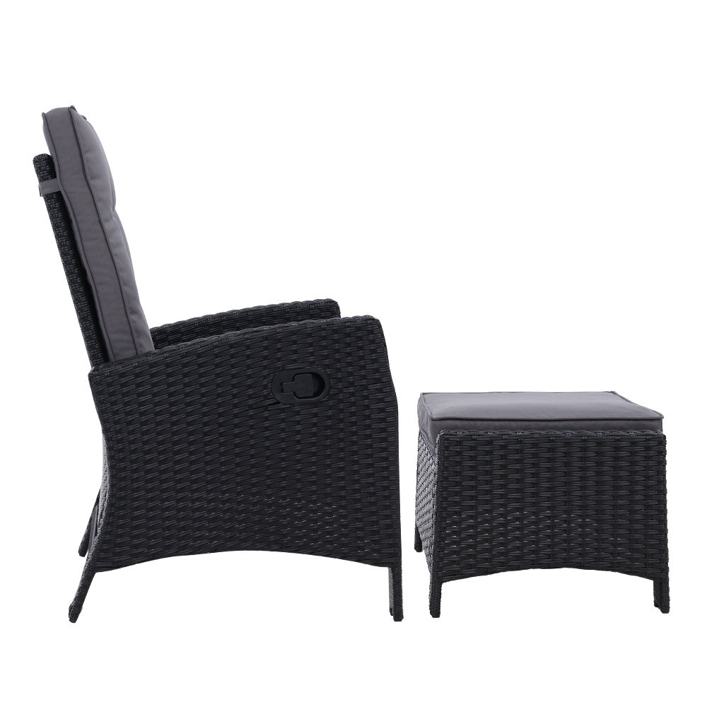 Set of 2 Elise Outdoor Recliner Chairs with Ottomans Black