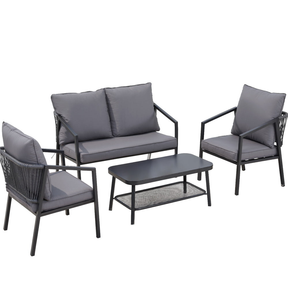 4-Piece Outdoor Sofa Set with Table - Black with Grey Cushions