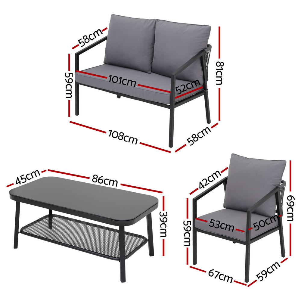 4-Piece Outdoor Sofa Set with Table - Black with Grey Cushions