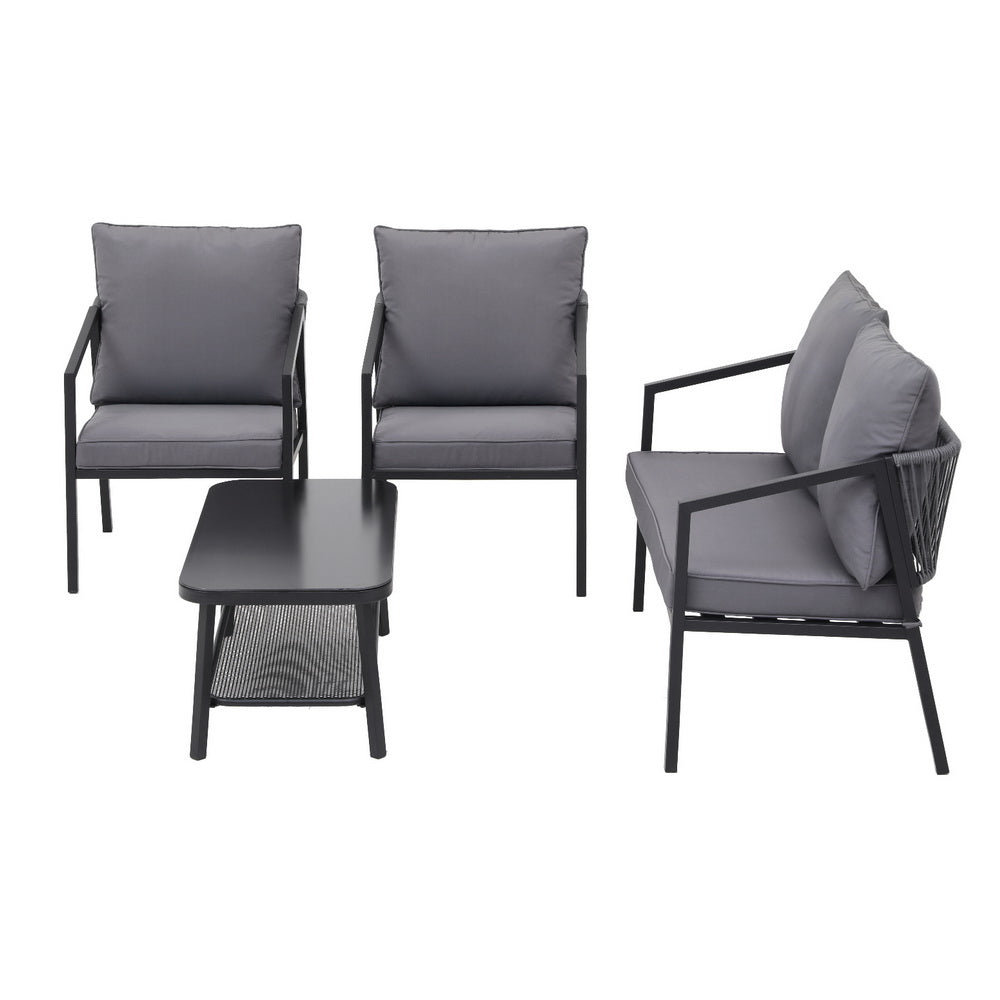 4-Piece Outdoor Sofa Set with Table - Black with Grey Cushions