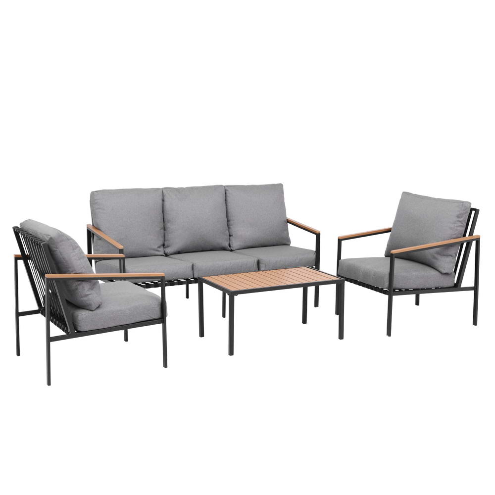 5-Seater Outdoor Sofa Set with Table - Black Frame & Grey Cushions