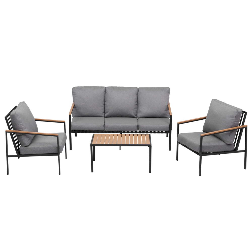 5-Seater Outdoor Sofa Set with Table - Black Frame & Grey Cushions