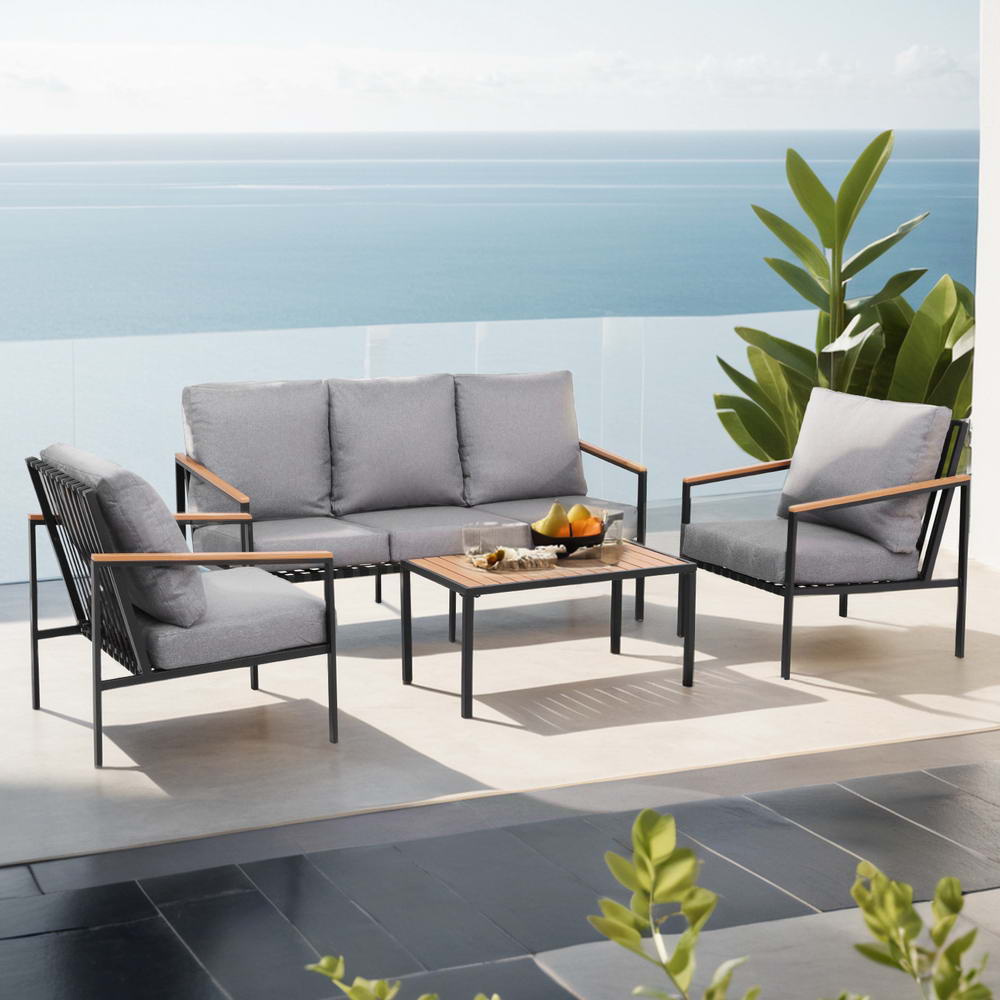 5-Seater Outdoor Sofa Set with Table - Black Frame & Grey Cushions