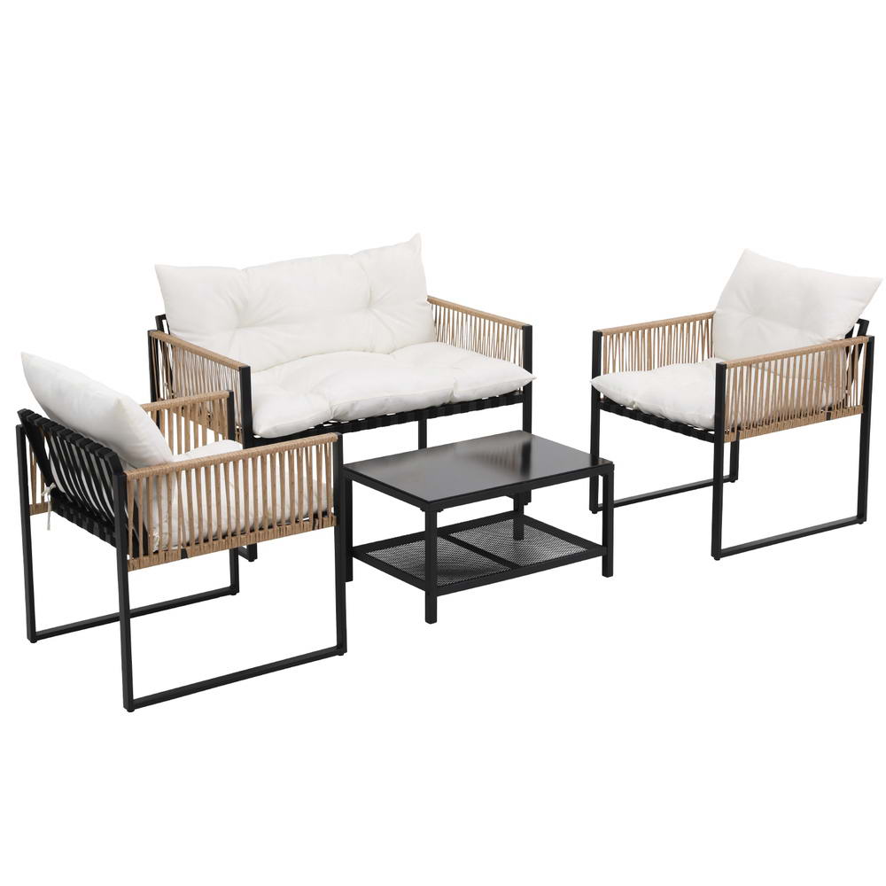 4-Piece Rattan Style Outdoor Sofa Set with Table - Black Frame & White Cushions