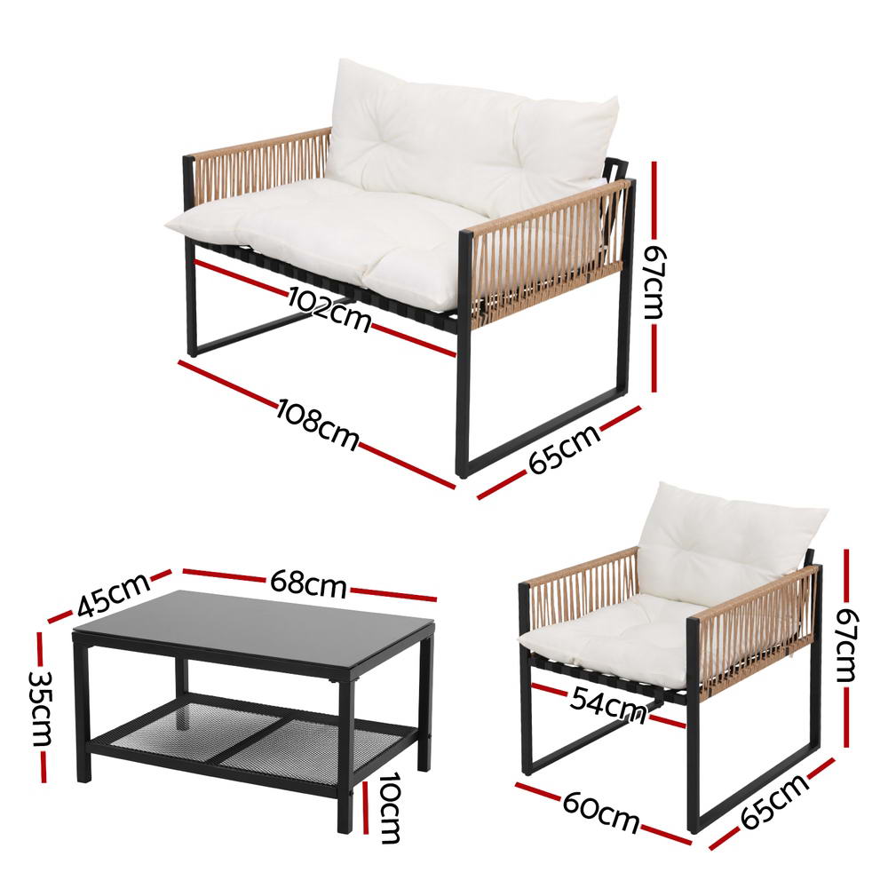 4-Piece Rattan Style Outdoor Sofa Set with Table - Black Frame & White Cushions