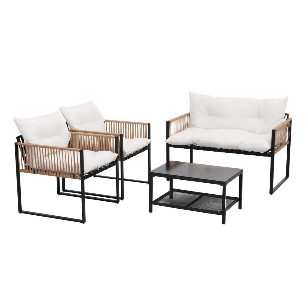 4-Piece Rattan Style Outdoor Sofa Set with Table - Black Frame & White Cushions