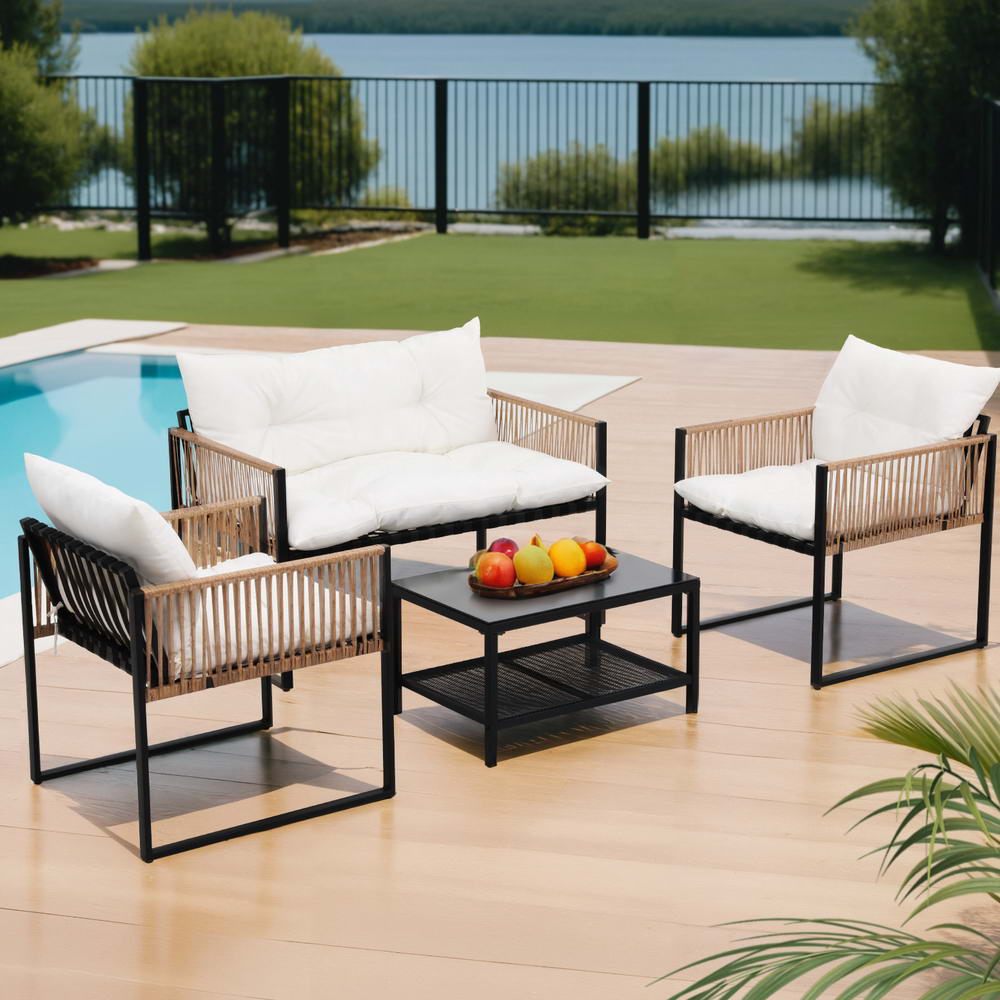 4-Piece Rattan Style Outdoor Sofa Set with Table - Black Frame & White Cushions