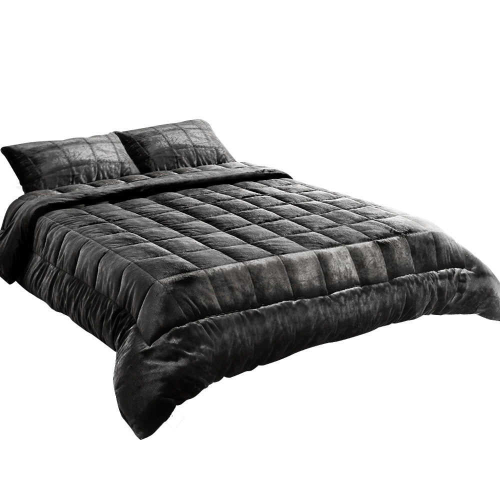 Faux Mink Quilt Fleece Throw Blanket Comforter Charcoal King