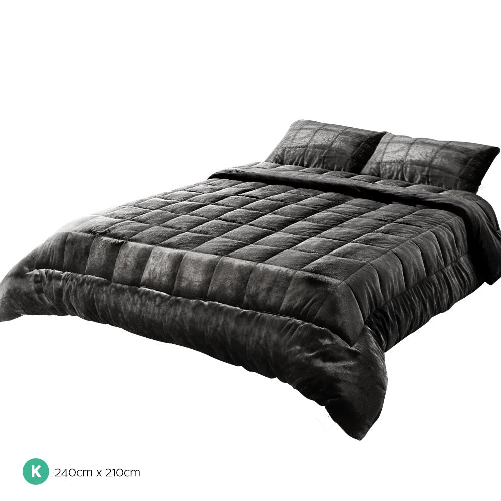 Faux Mink Quilt Fleece Throw Blanket Comforter Charcoal King