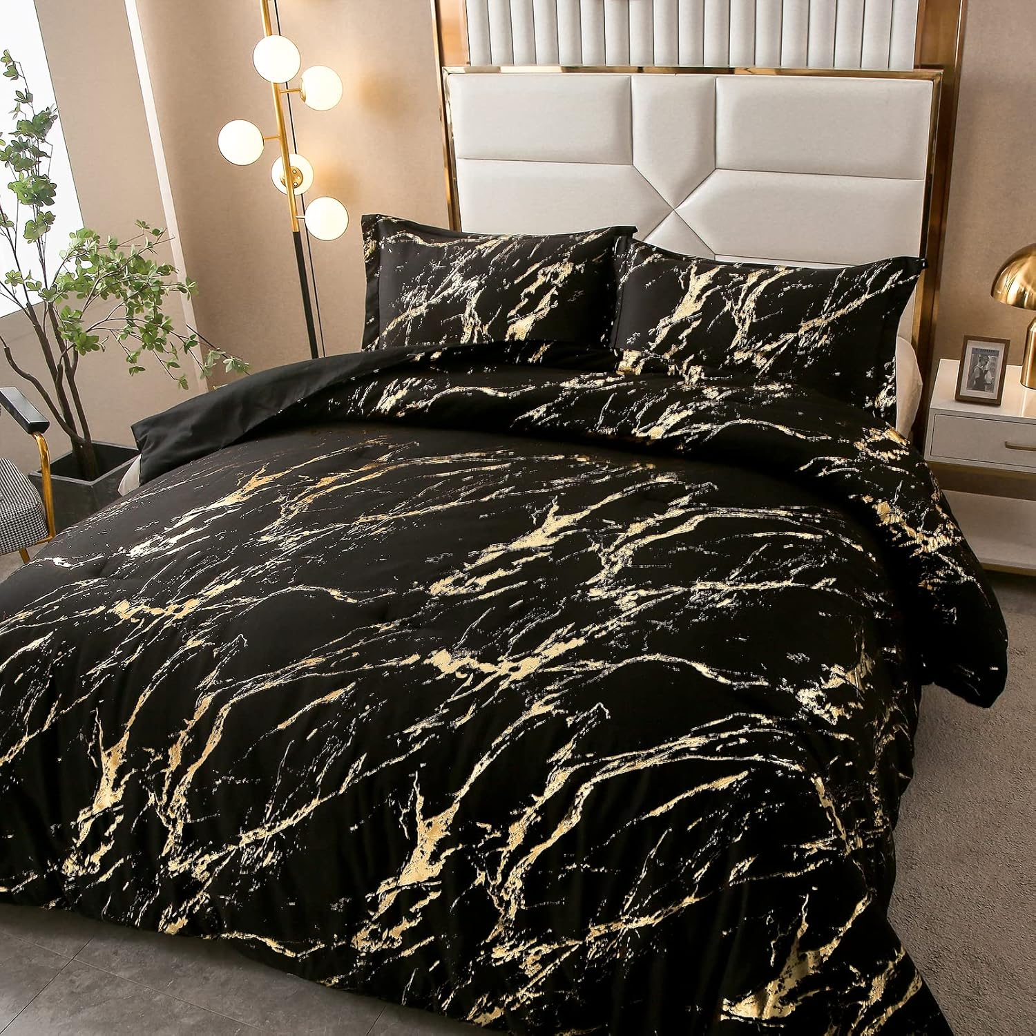 Black Gold Metallic Marble Comforter Set, Queen Size, Foil Print Glitter 3-Piece Bedding