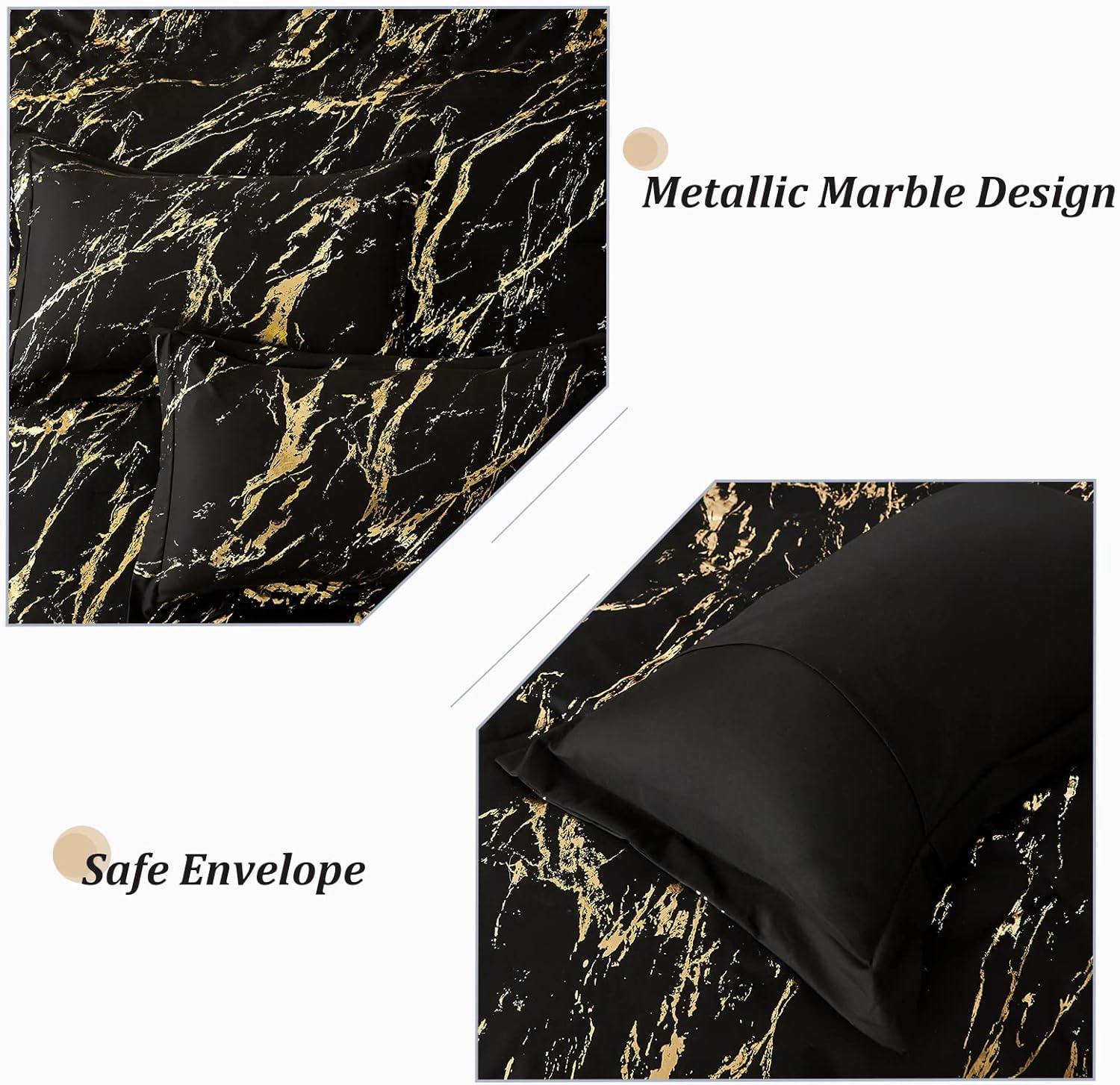 Black Gold Metallic Marble Comforter Set, Queen Size, Foil Print Glitter 3-Piece Bedding