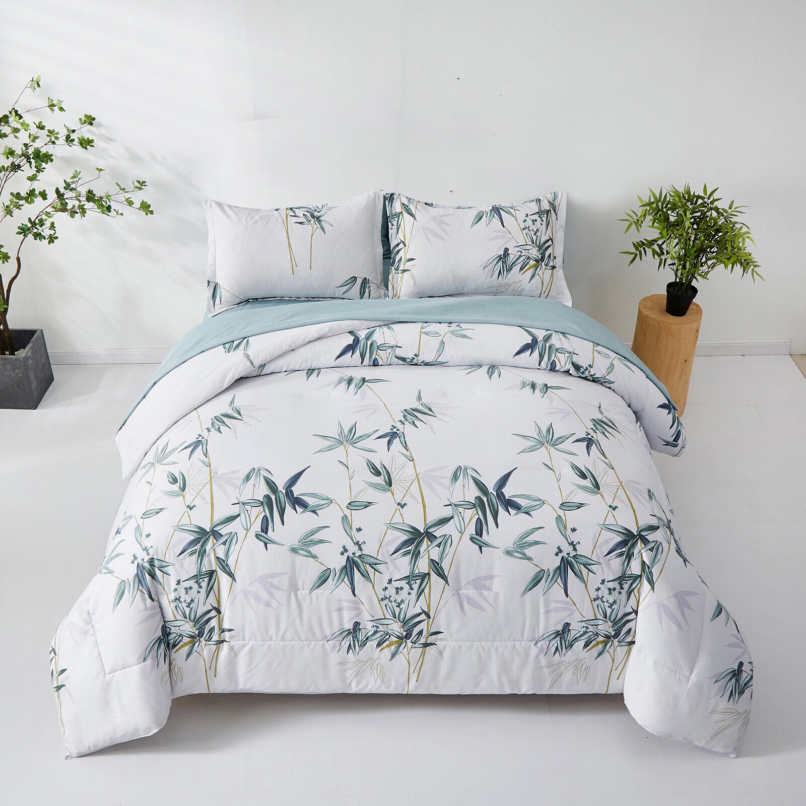 Floral Leaves Comforter Set, King Size, Quilted Bedding with Pillowcases