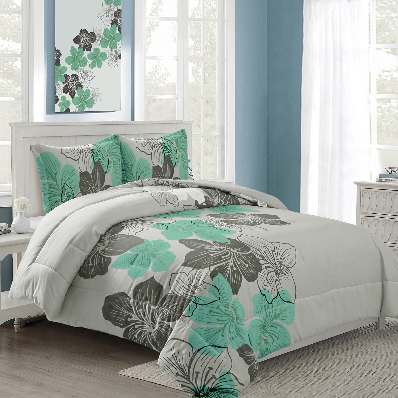 Floral Comforter Set, King Size, Green Floral 3-Piece Bedding, Lightweight Microfiber