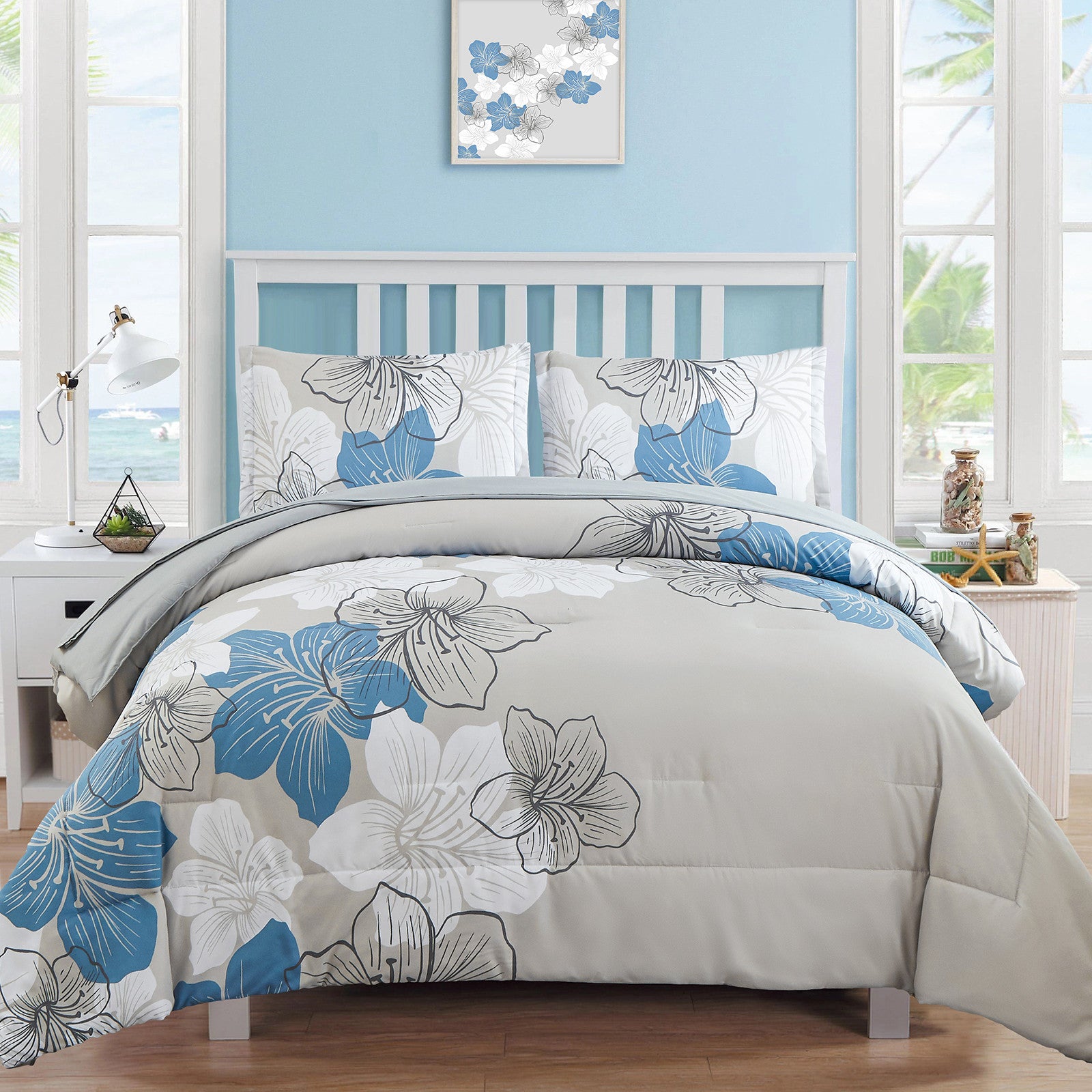 Floral Comforter Set, King Size, Blue Floral 3-Piece Bedding, Soft Microfiber for All Seasons