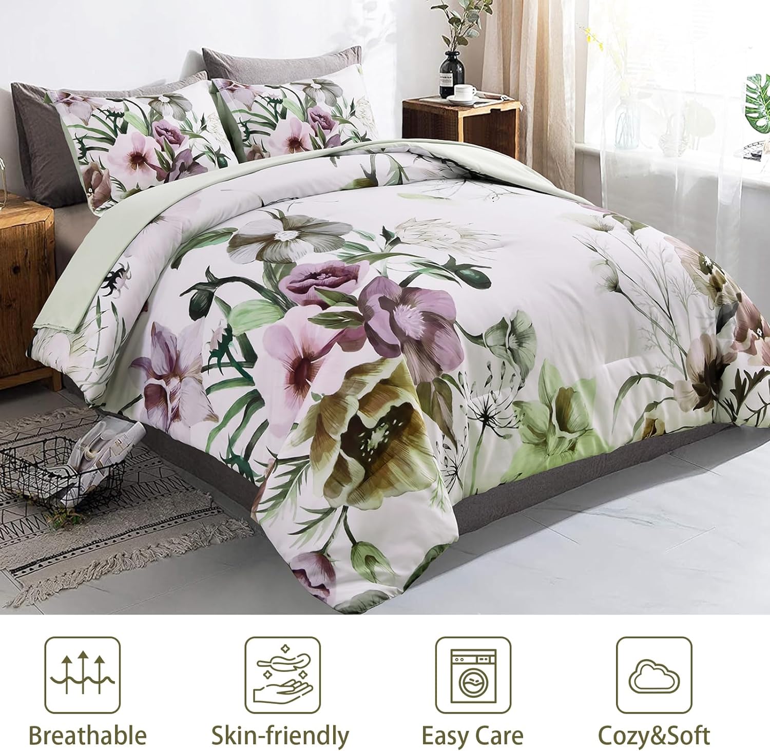 Floral Comforter Set, King Size, Green Floral 3-Piece Bedding, Soft Microfiber for All Seasons