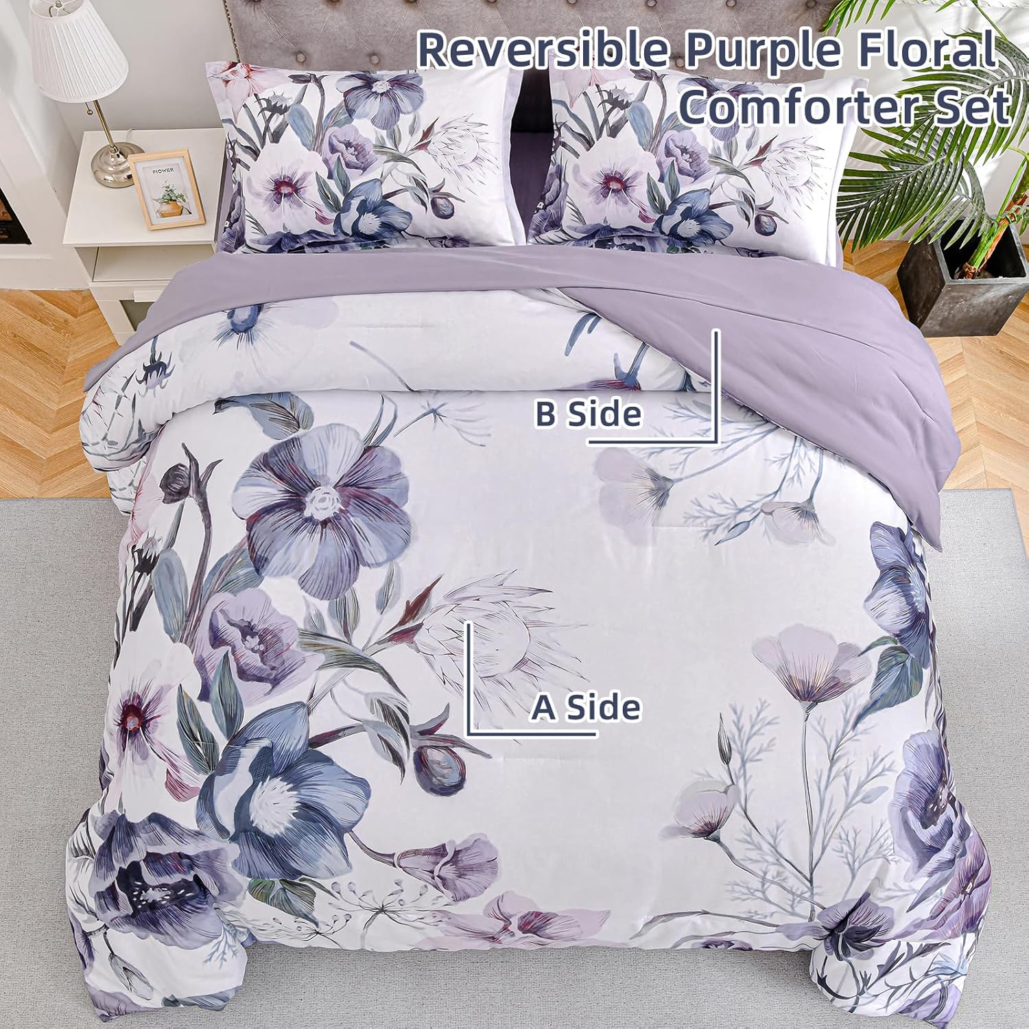 Floral Comforter Set, King Size, Purple Floral 3-Piece Bedding, Soft Microfiber for All Seasons