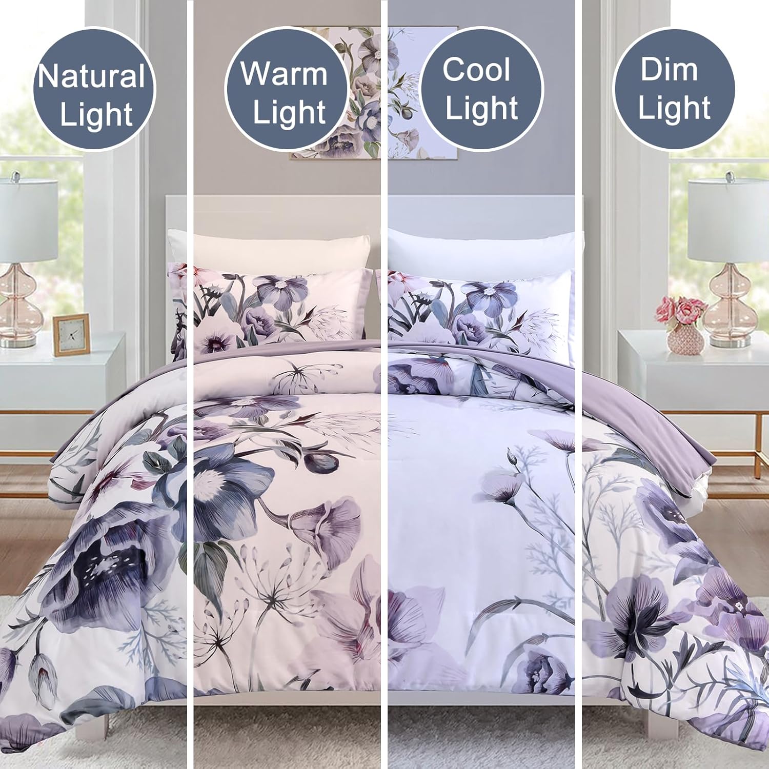 Floral Comforter Set, King Size, Purple Floral 3-Piece Bedding, Soft Microfiber for All Seasons