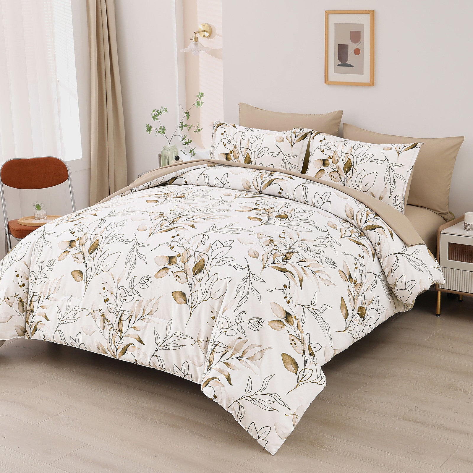 Soft Floral Leaf Comforter Set, King Size, Plush Quilted Bedding with Pillowcases