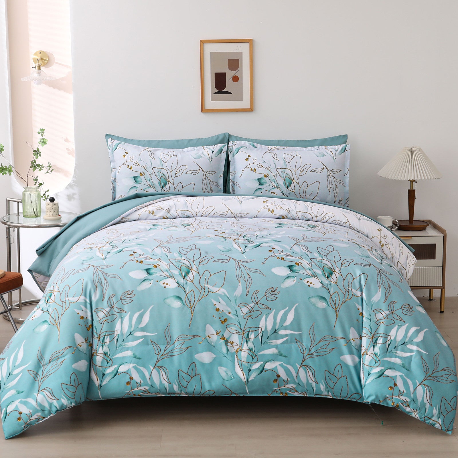 Soft Floral Leaf Comforter Set, King Size, Quilted Cozy Bedding with Pillowcases