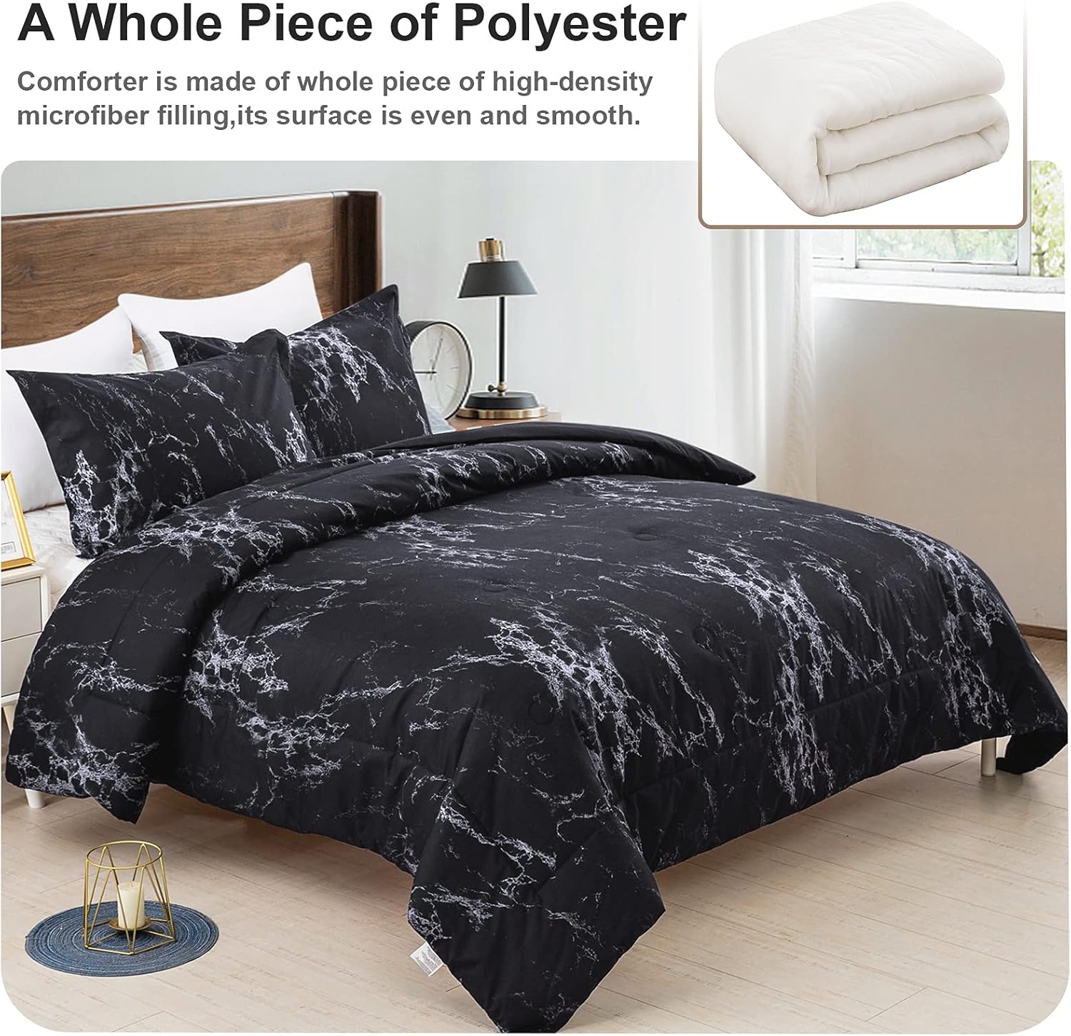 King Black Marble Comforter Set, Printed Bedding for All Seasons, Soft Microfiber 3-Piece