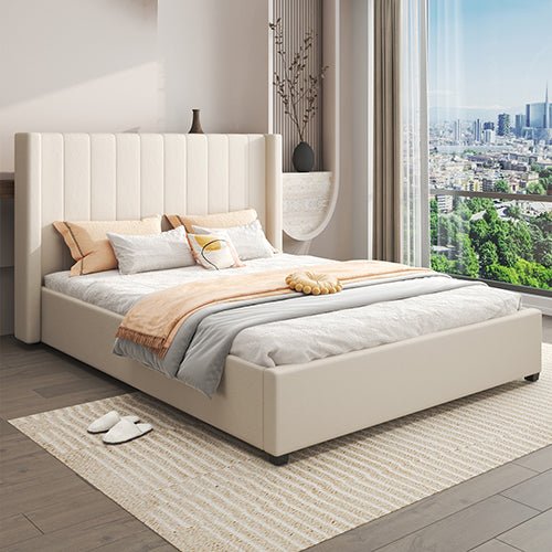 Alexa Queen Size High Rise Headboard Linen Beige Fabric Four MDF Drawers with Wheels Bed Frame - Furniture > Bedroom > Beds & Bed Frames - Bedzy Australia