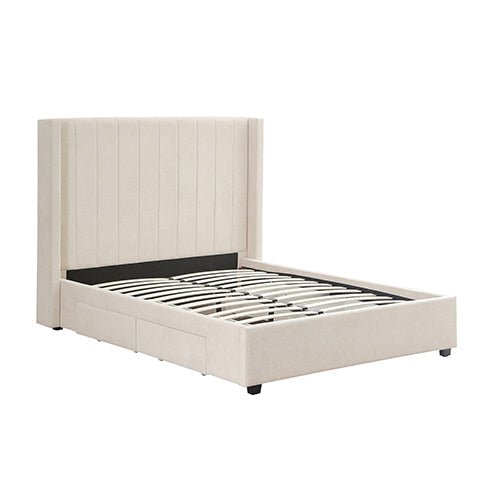 Alexa Queen Size High Rise Headboard Linen Beige Fabric Four MDF Drawers with Wheels Bed Frame - Furniture > Bedroom > Beds & Bed Frames - Bedzy Australia