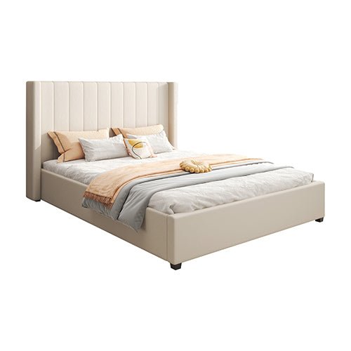 Alexa Queen Size High Rise Headboard Linen Beige Fabric Four MDF Drawers with Wheels Bed Frame - Furniture > Bedroom > Beds & Bed Frames - Bedzy Australia