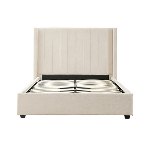 Alexa Queen Size High Rise Headboard Linen Beige Fabric Four MDF Drawers with Wheels Bed Frame - Furniture > Bedroom > Beds & Bed Frames - Bedzy Australia