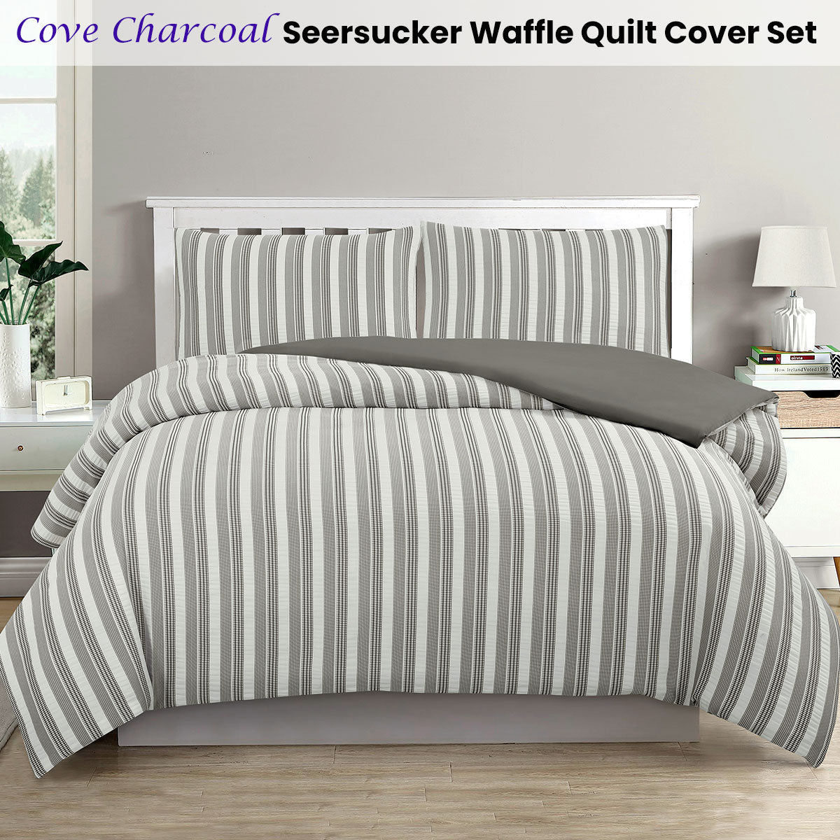 Ardor Cove Charcoal Seersucker Waffle Quilt Cover Set King - Home & Garden > Bedding - Bedzy Australia