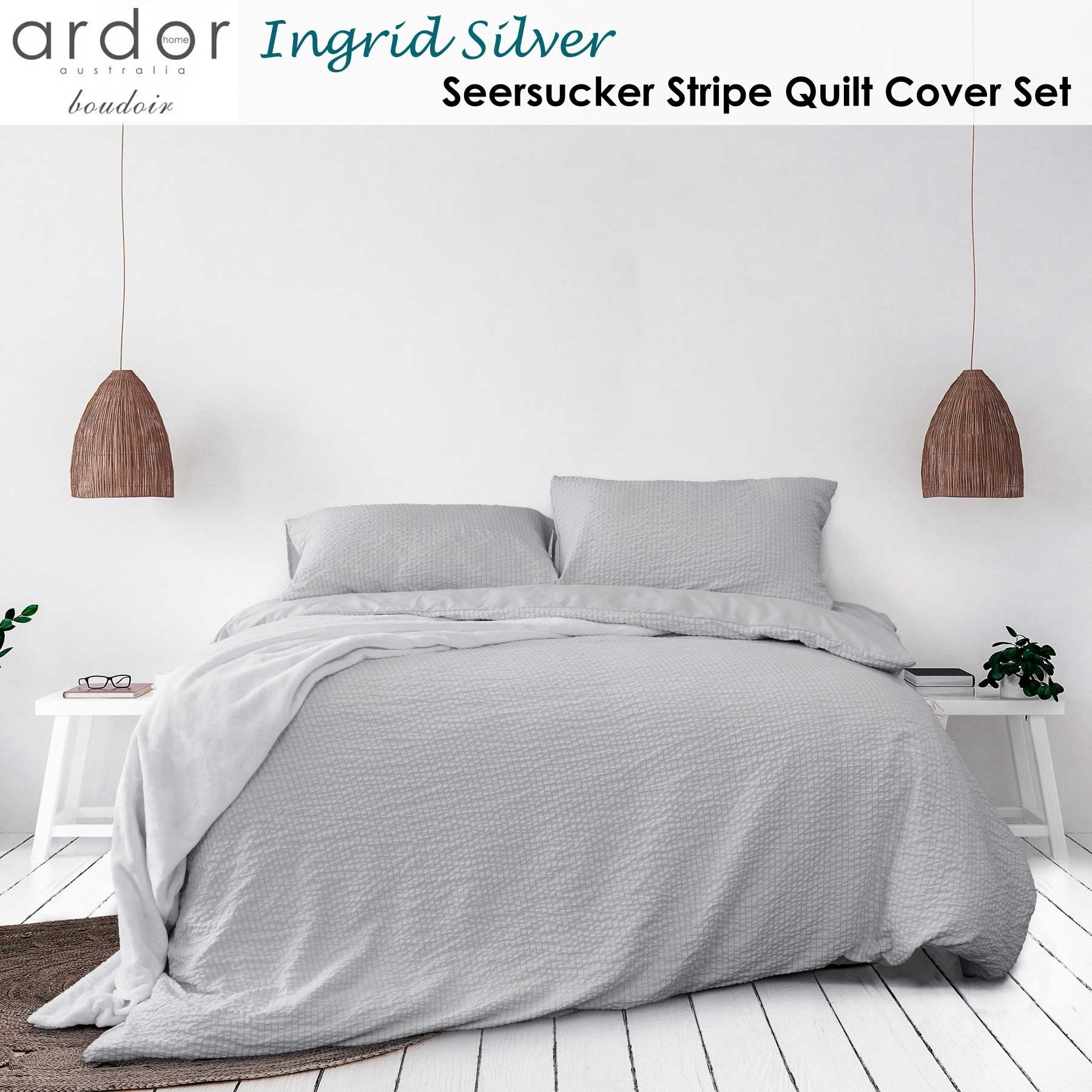 Ardor Ingrid Silver Seersucker Stripe Quilt Cover Set Double - Home & Garden > Bedding - Bedzy Australia