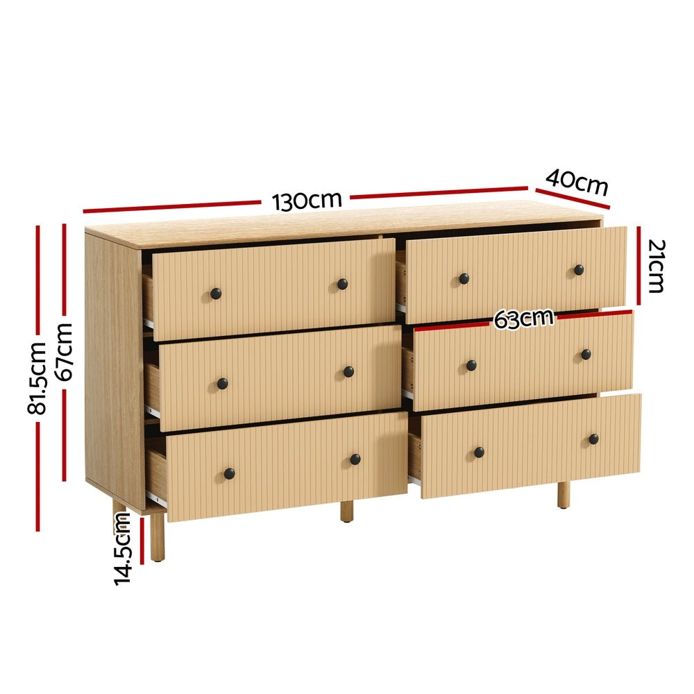 Artiss 6 Chest of Drawers Flutted Front - RUTH Oak - Furniture > Bedroom - Bedzy Australia