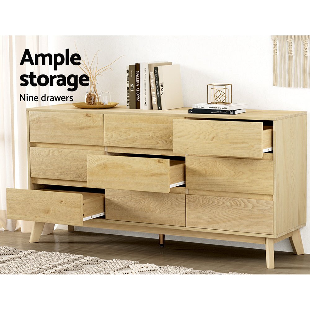 Artiss 9 Chest of Drawers Tallboy Cabinet - XAVI Pine - Furniture > Bedroom > Dressers - Bedzy Australia