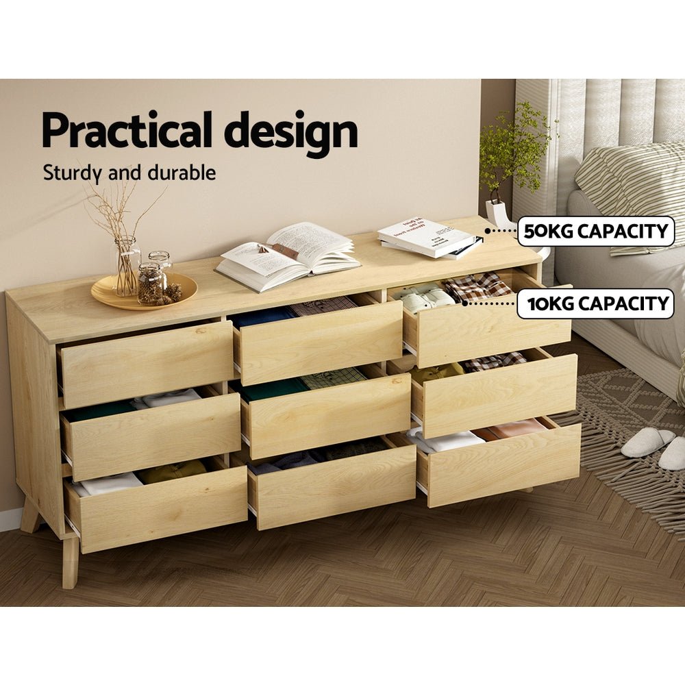 Artiss 9 Chest of Drawers Tallboy Cabinet - XAVI Pine - Furniture > Bedroom > Dressers - Bedzy Australia