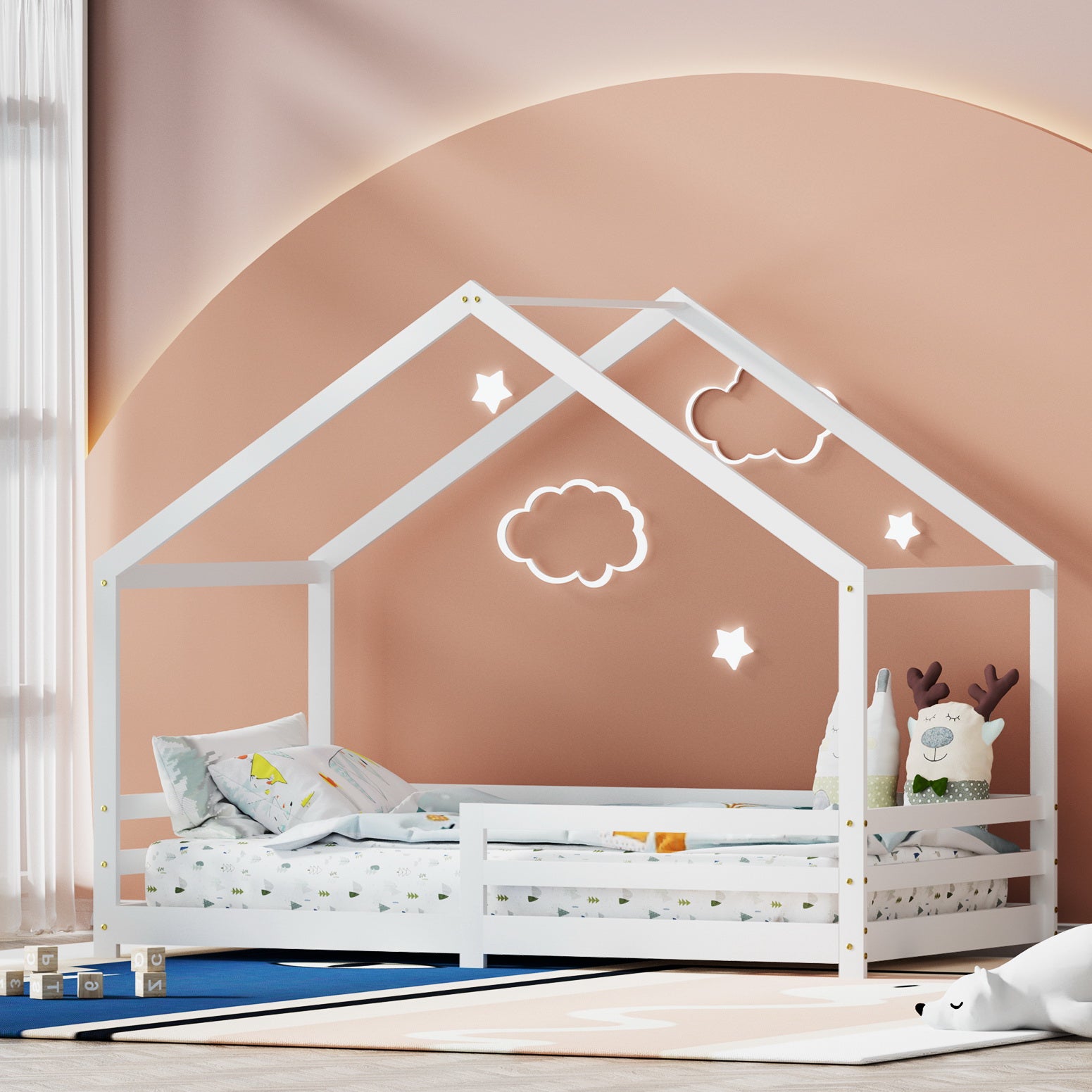 Artiss Bed Frame Wooden Kids Single House Frame White AMOS - Furniture > Bedroom - Bedzy Australia