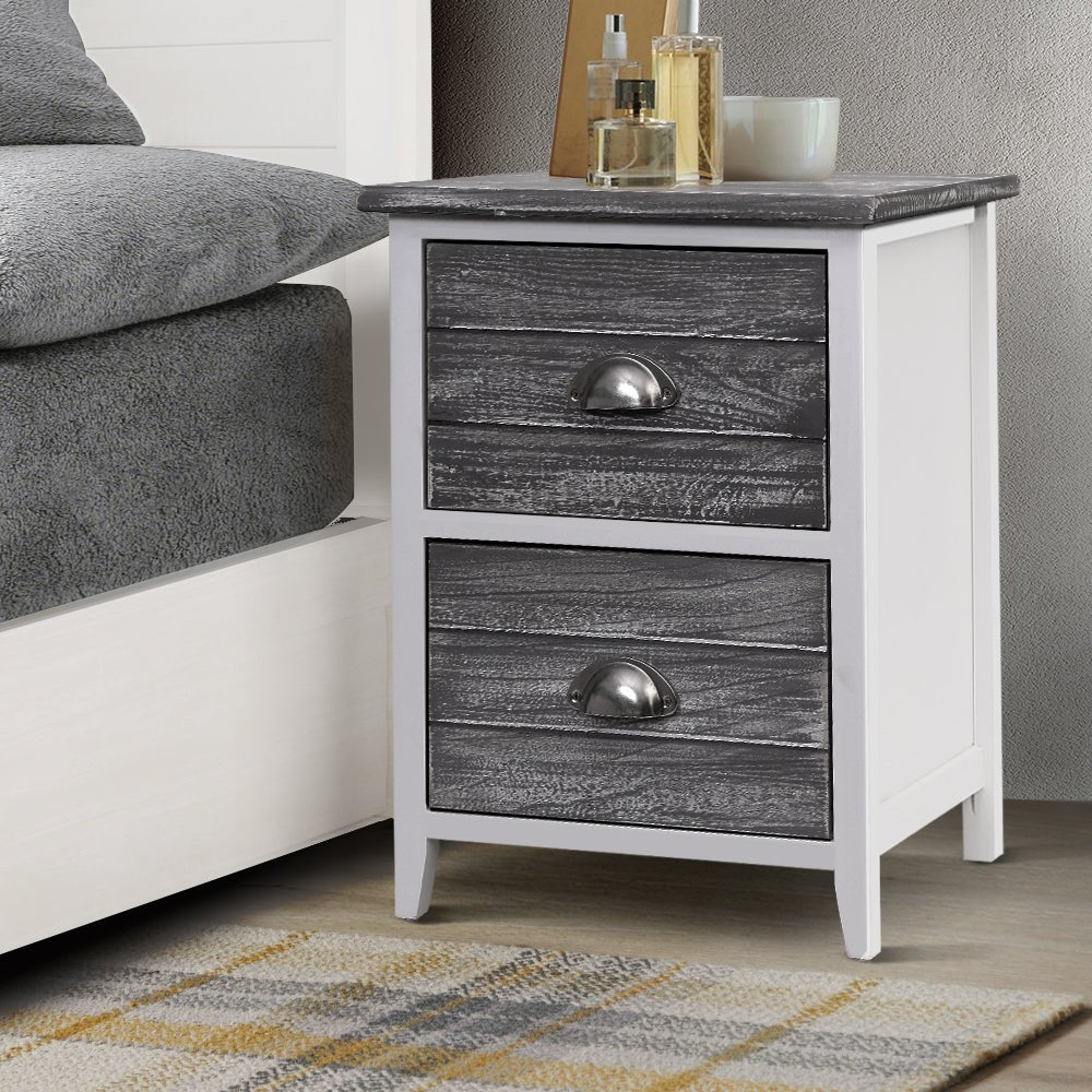 Artiss Bedside Table 2 Drawers Vintage X2 - THYME Grey - Furniture > Bedroom > Bedside Tables - Bedzy Australia