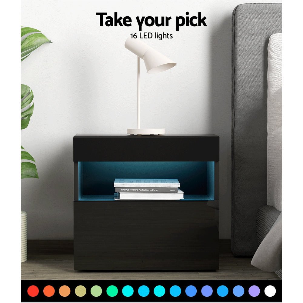 Artiss Bedside Table LED - HERES Black - Furniture > Bedroom > Bedside Tables - Bedzy Australia