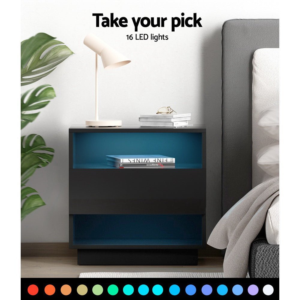 Artiss Bedside Table LED with 2 Shelves - HANA Black - Furniture > Bedroom > Bedside Tables - Bedzy Australia