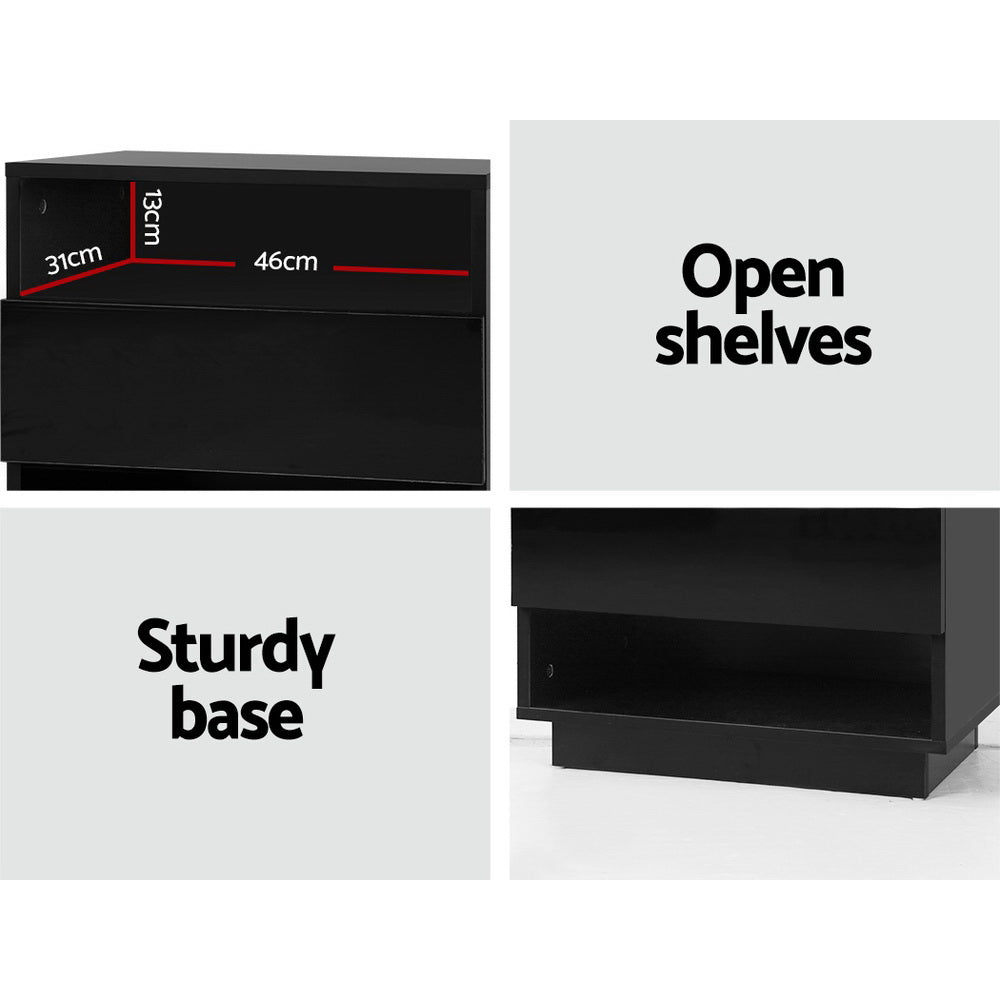 Artiss Bedside Table LED with 2 Shelves - HANA Black - Furniture > Bedroom > Bedside Tables - Bedzy Australia