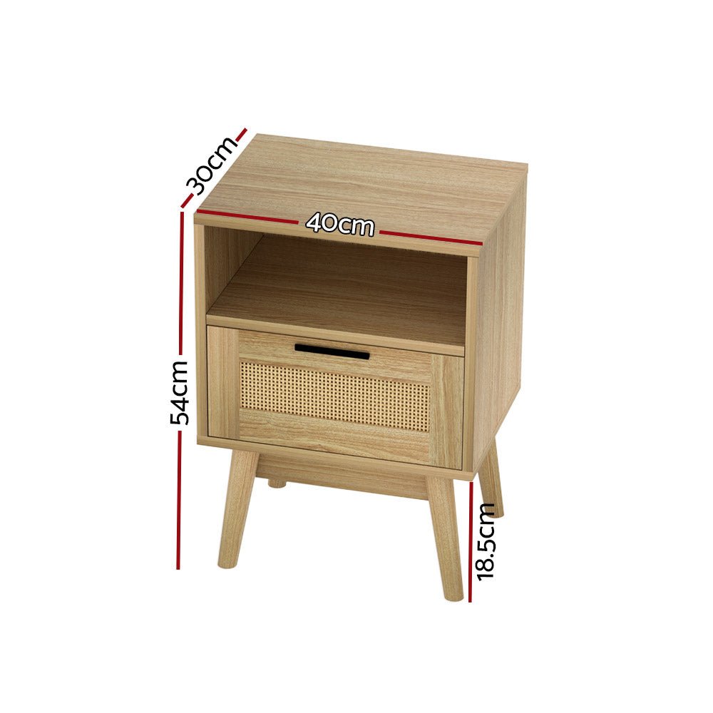 Artiss Rattan Bedside Table 1 Drawer with Shelf - REI Oak - Furniture > Bedroom > Bedside Tables - Bedzy Australia