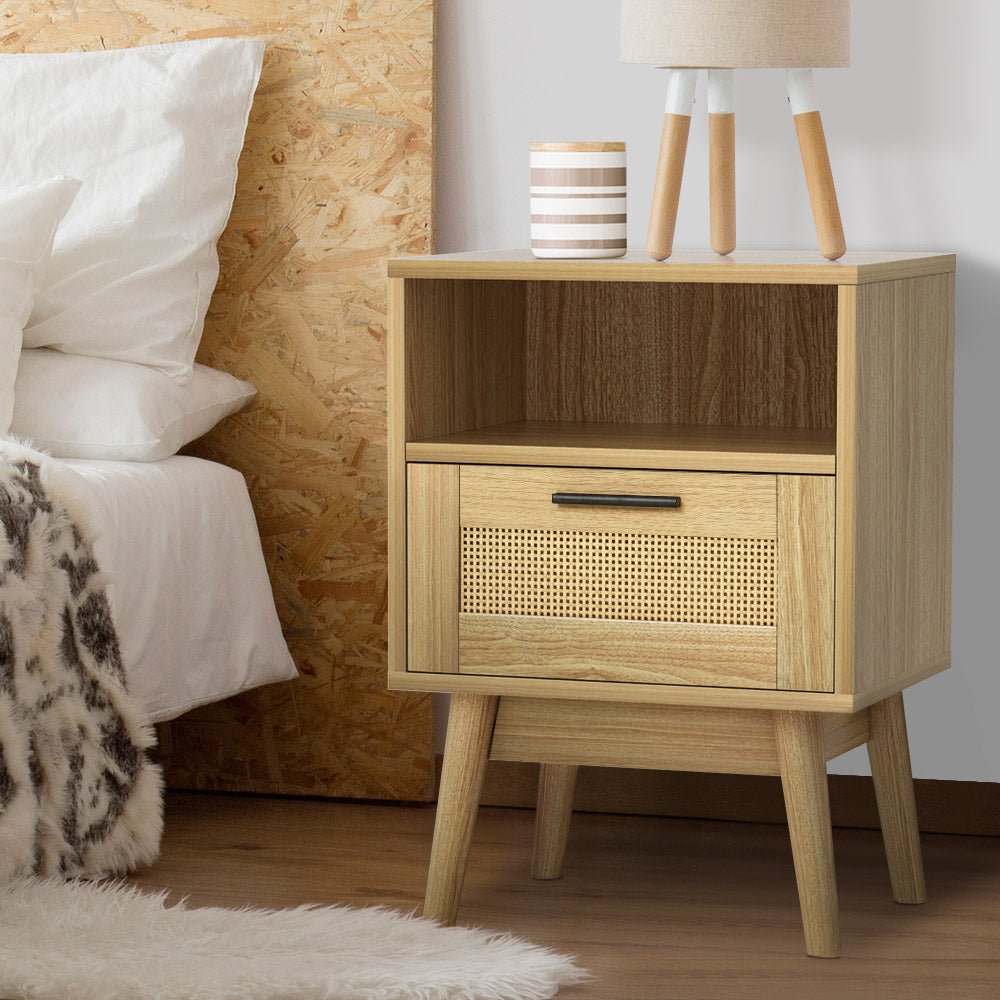 Artiss Rattan Bedside Table 1 Drawer with Shelf - REI Oak - Furniture > Bedroom > Bedside Tables - Bedzy Australia