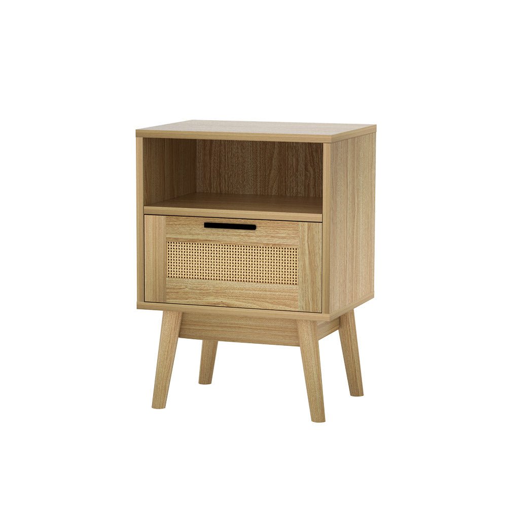 Artiss Rattan Bedside Table 1 Drawer with Shelf - REI Oak - Furniture > Bedroom > Bedside Tables - Bedzy Australia