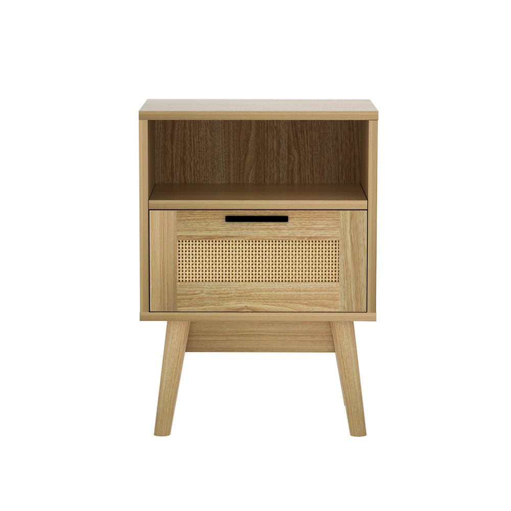 Artiss Rattan Bedside Table 1 Drawer with Shelf - REI Oak - Furniture > Bedroom > Bedside Tables - Bedzy Australia