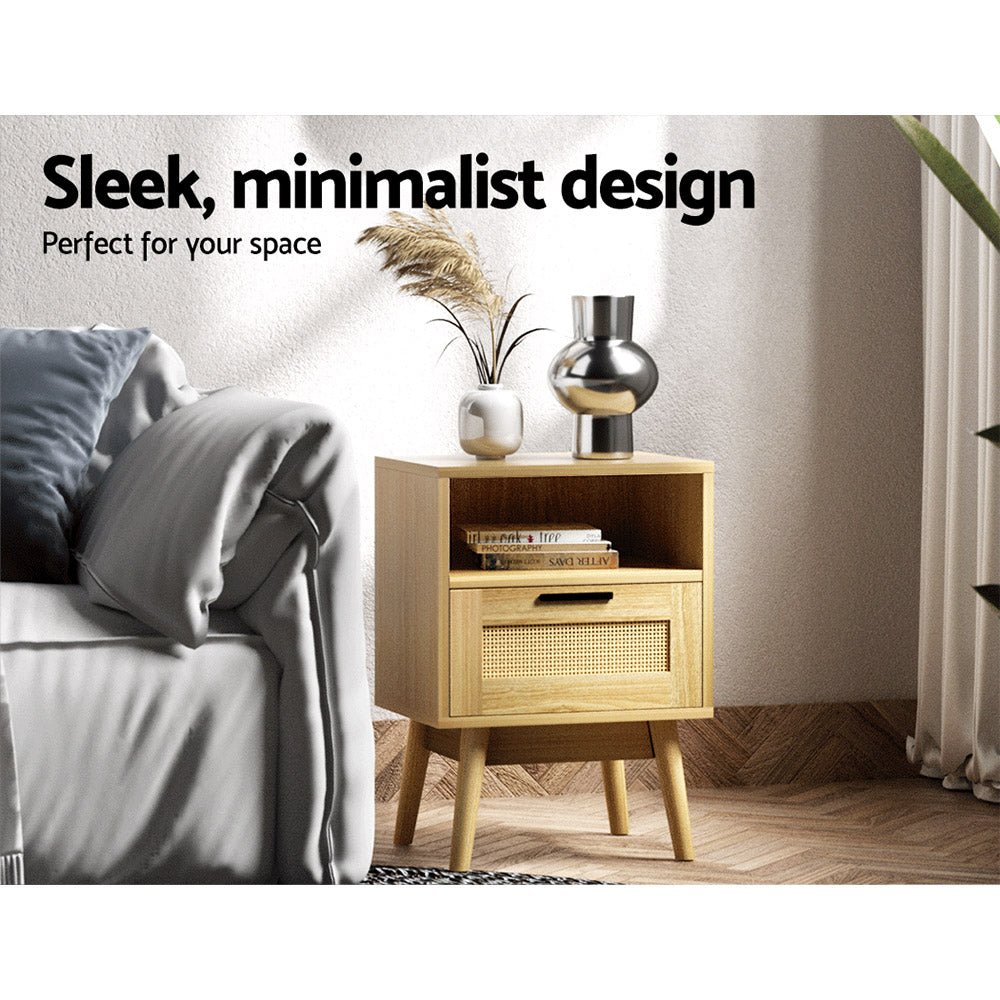 Artiss Rattan Bedside Table 1 Drawer with Shelf - REI Oak - Furniture > Bedroom > Bedside Tables - Bedzy Australia